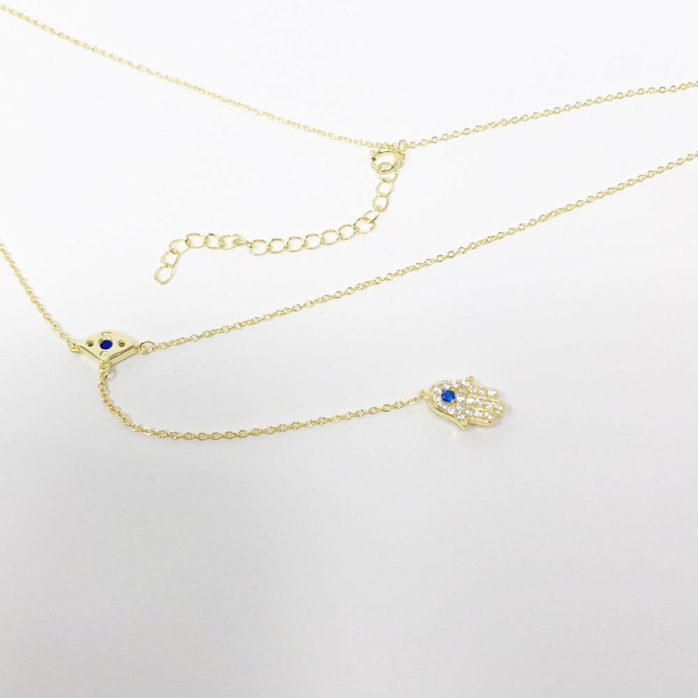 Gold Silver Evil Eye with Dropped Hamsa Necklace - Picture 5 of 7